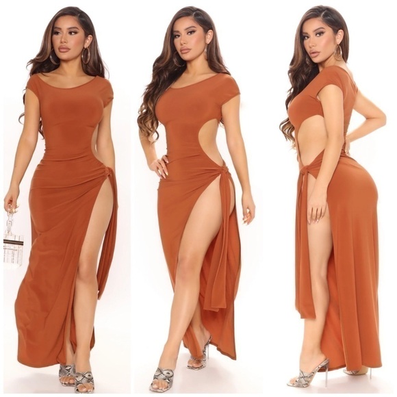 Fashion Nova Burnt Orange Camel Slinky Cutout Bodycon Maxi Dress Plus Size 2X - Picture 4 of 8